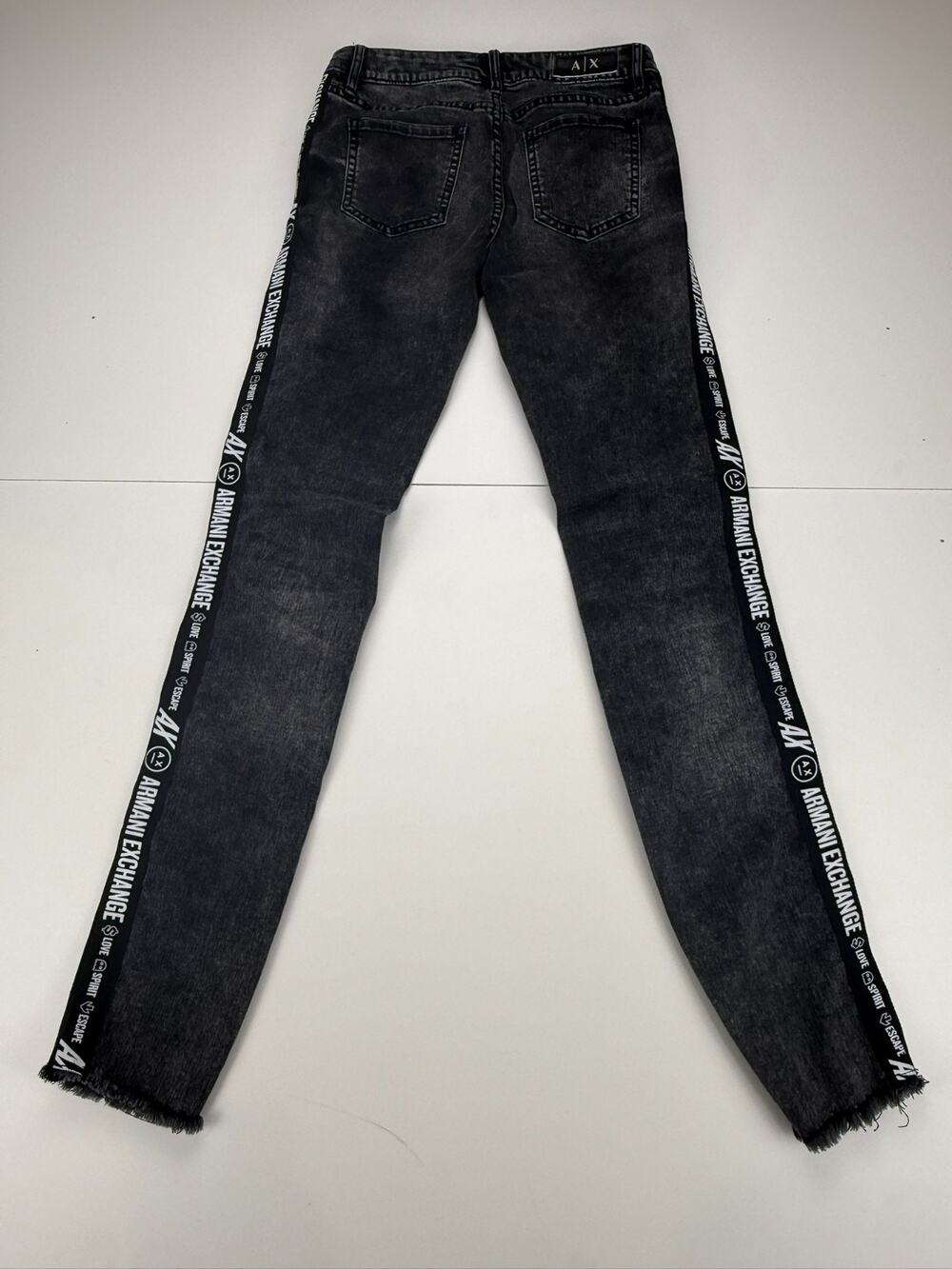 Armani Exchange J01 Womens 27 Super Skinny Jeans Black Logo Tape Raw Hem A|X
